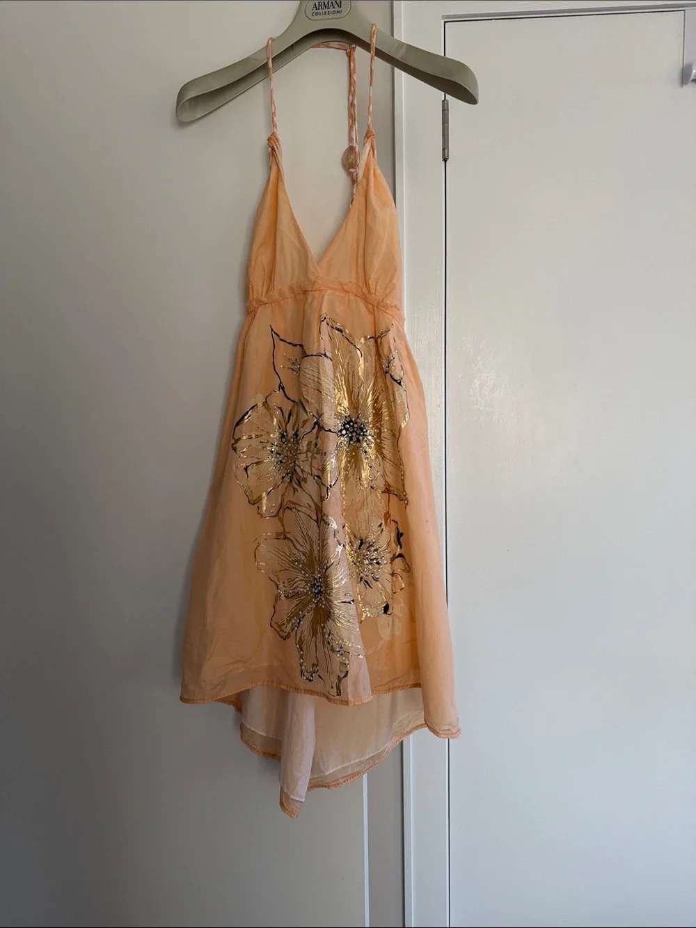 Miss Me Peach Floral Halter mini Dress with Gold Accents size M